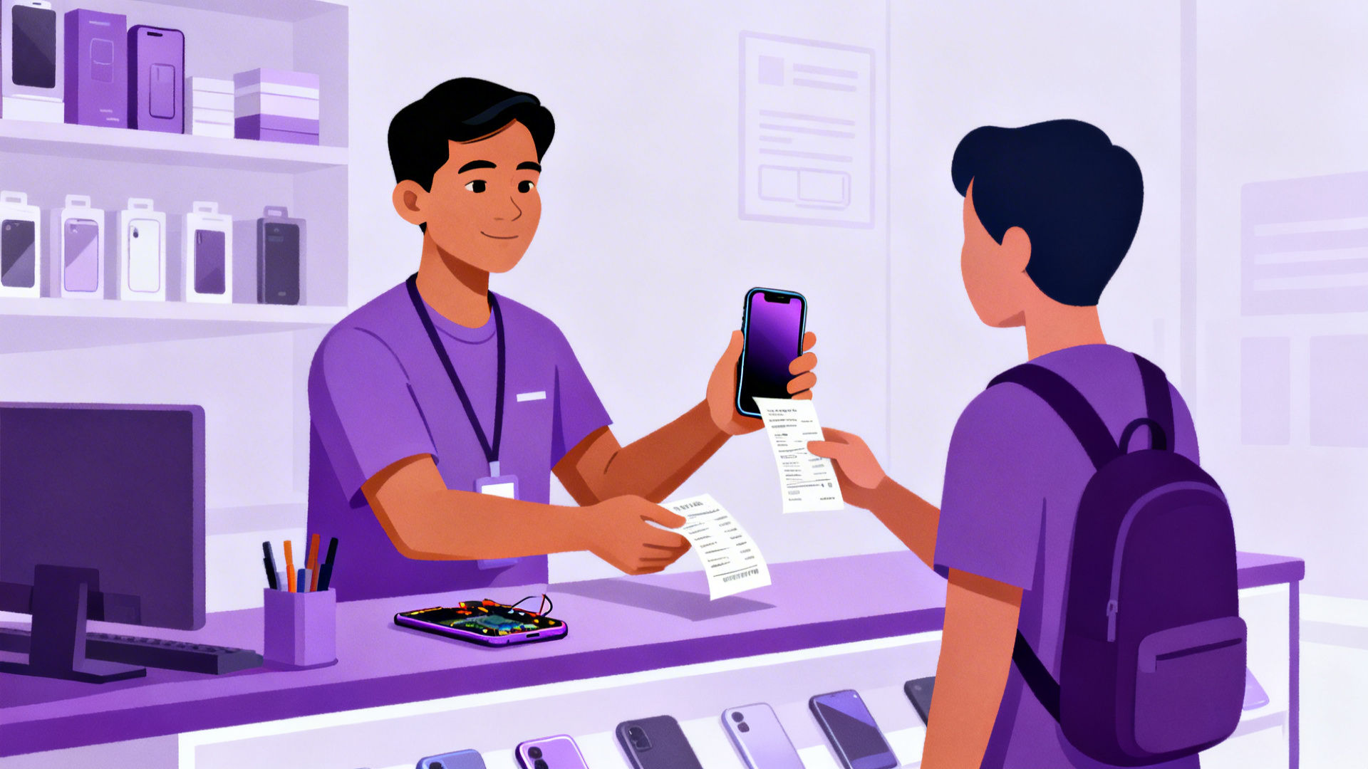 Technician listening attentively to customer at the counter